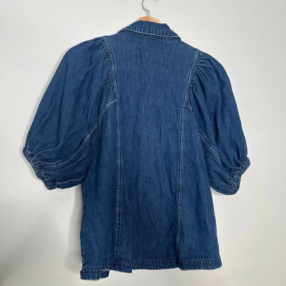 Free People Suhrie Puff Sleeve Denim Button-Up Shirt XS